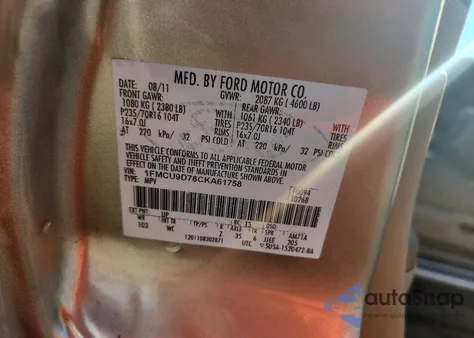 2012 Ford Escape Xlt z USA, uszkodzony, nr VIN 1FMCU9D78CKA61758